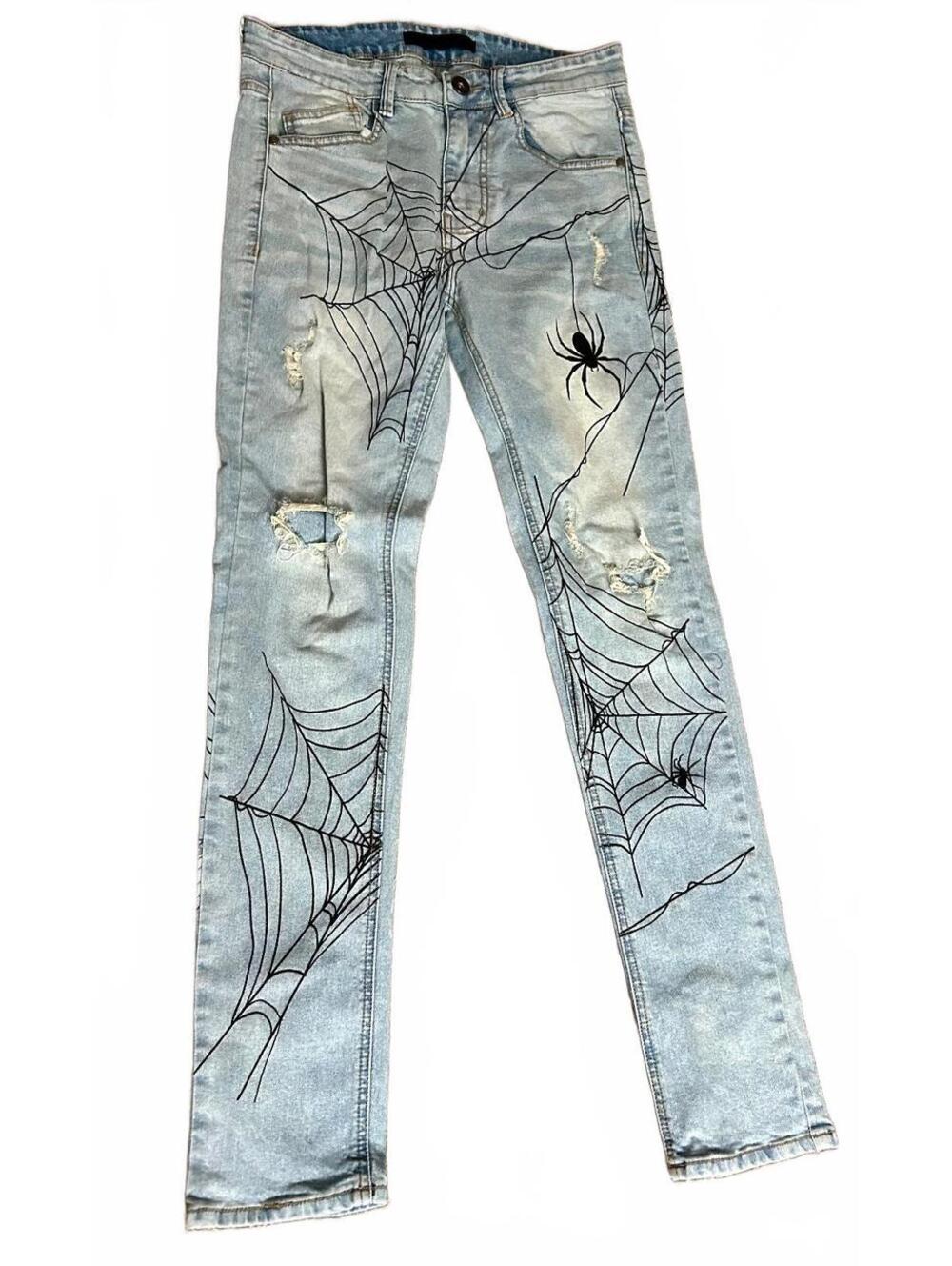 KDNK men’s Spiderweb goth Jeans 30 Light Wash Distressed Skinny Y2K Streetwear